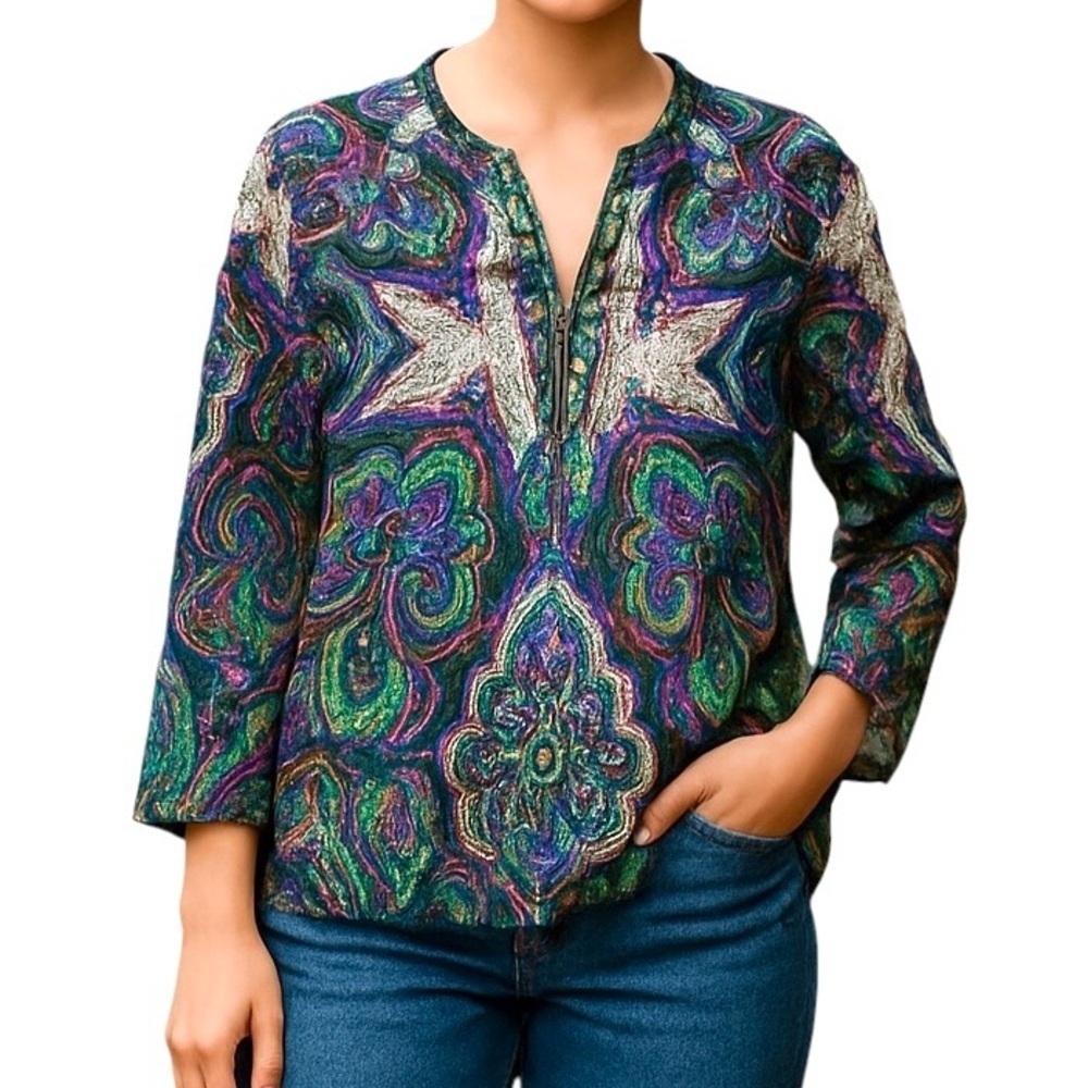 Talbots Top Womens 12P Silk Paisley Tunic Top Multicolor Popover Boho Mandala